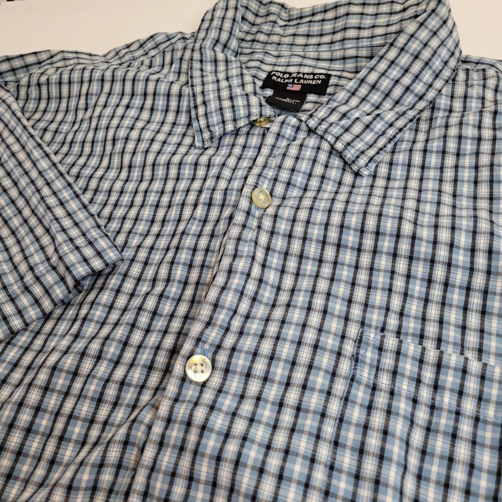 Polo Jeans Co Ralph Lauren Shirt Mens L Blue Plaid Excellent Short Sleeve Button